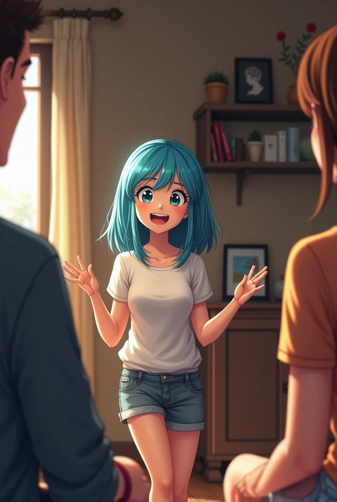 A 16-year-old girl with blue, medium-length hair who likes rock music., Tell your parents some exciting news