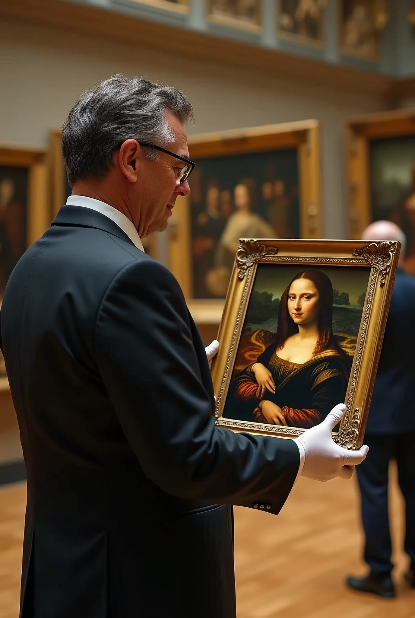 White gloves、Holding a precious, expensive painting、What you show to customers、Museum Director、male、40 years old、Black suit、Scenery inside the Louvre