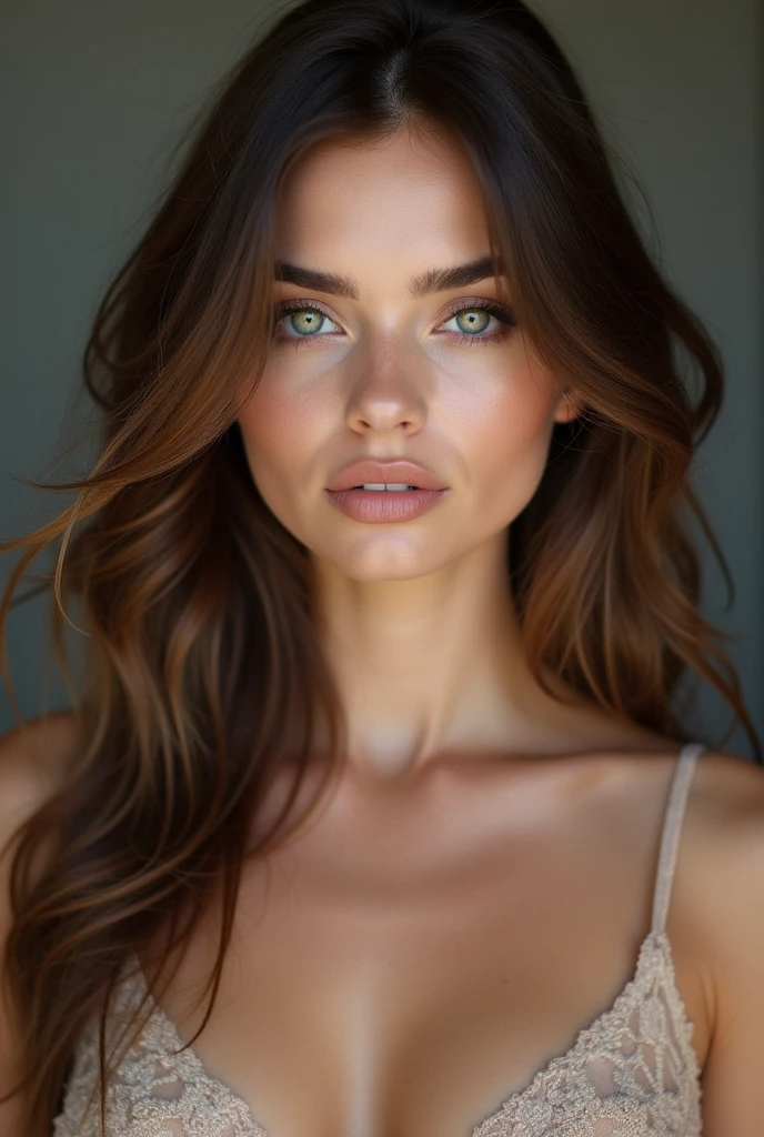 femme de couleur blanche, yeux marrons, sourcils fins, cheveux brun long avec un corps fin et des formes 25ans