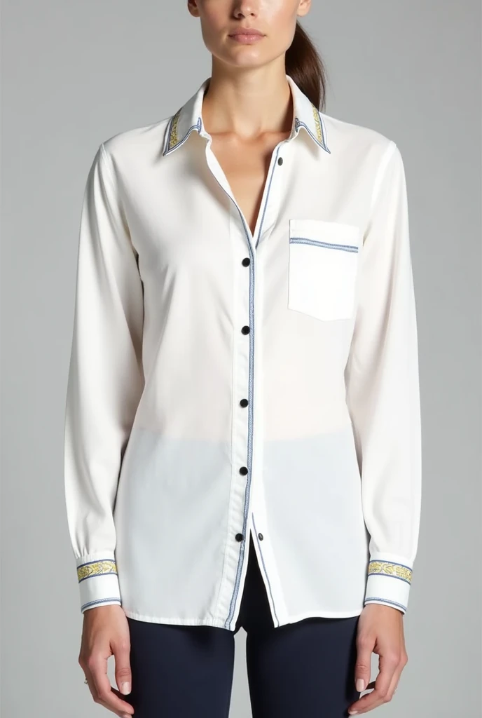 make a white swiss interclass shirt with nordic theme and blue and yellow details