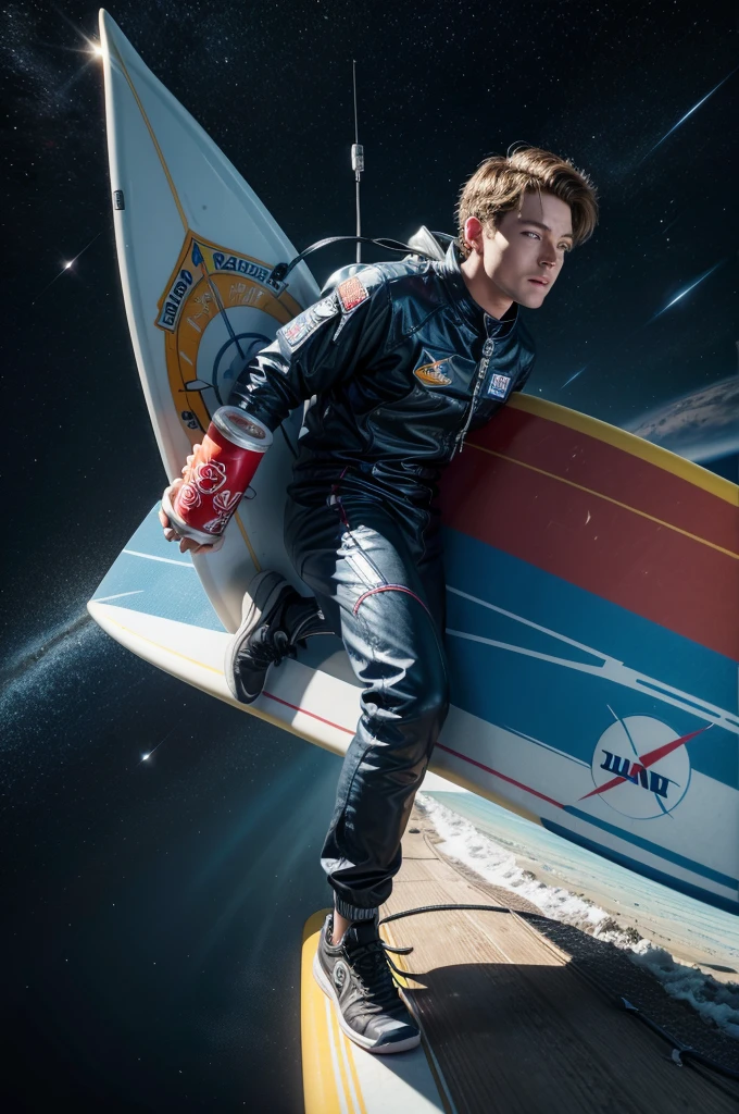 create an astronaut surfing in space on a surfboard, very detailed and with vivid colors with a can of energy drink in his hand, ultra realistic image and good lighting