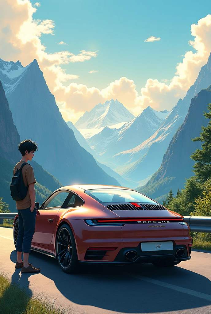 Generate a Porsche new car with mountain landscape and a anime man ( face back )standing in side of it