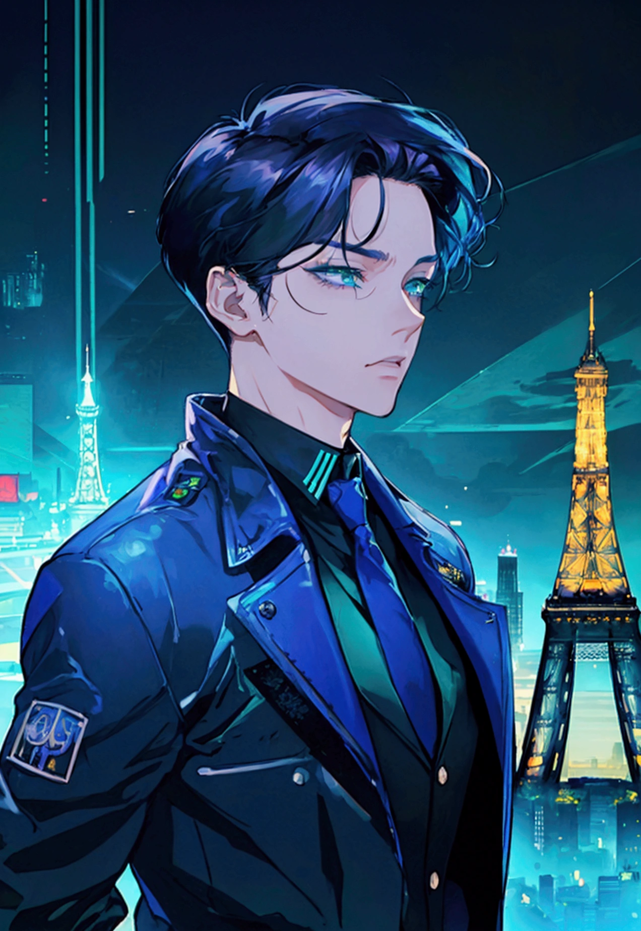 a close-up of a city with a large building and ((( the real Effeil tower in the background in the center))), inspired by Liam Wong, cyberpunk art style, lofi art, in the style of Laurie Greasley, neo tokyo background, inspired by Kilian Eng, by Kilian Eng, art deco outrun anime aesthestic, cyberpunk illustration, cyberpunk themed art, jen bartel, Art by Alena Aenami 1boy, male focus, handsome, city afternoon sun, seductive eyes with heterochromia left eye is bright purple right eye is bright green, perfect face, handsome man, wearing a hoodie, depth of field, stern look, seductive eyes with heterochromia left eye bis purple right eye is green, cat ears, eye colored green and indigo, dark theme, magic sunlight