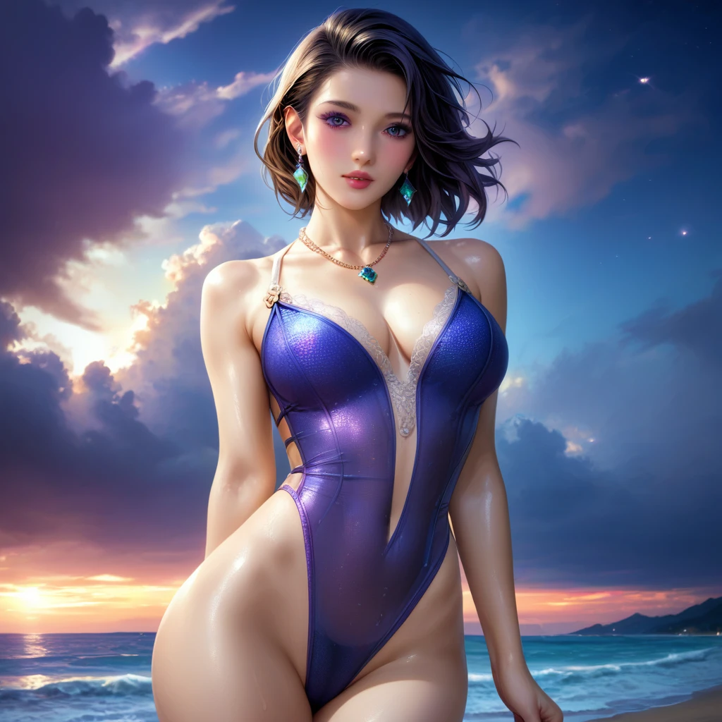 score_9, score_8_superior, score_7_superior, High resolution 3D anime style,A masterpiece in 32K resolution,Highest quality,it is really amazing,Very detailed,Ultra-high resolution,Ultra-realistic,Realistic,Increased depth of field,Cinematic lighting,
Elegant mature Japanese woman,
black straight medium hair,Ultra-detailed and beautiful face,Calm expression,Translucent white skin,Realistic skin texture,Great proportions,
Sexy high leg dress swimsuit,
Luxurious design,Chic color patterns,Beautifully detailed decoration,Detailed fabric texture,
Gorgeous necklace,Earrings,
Dark skies before the storm,Dark clouds covering the dark sky,Thunderclouds rolling in,Coastline at night,Stormy seas,delay々A desolate sandy beach that continues,
Dramatic Angle,