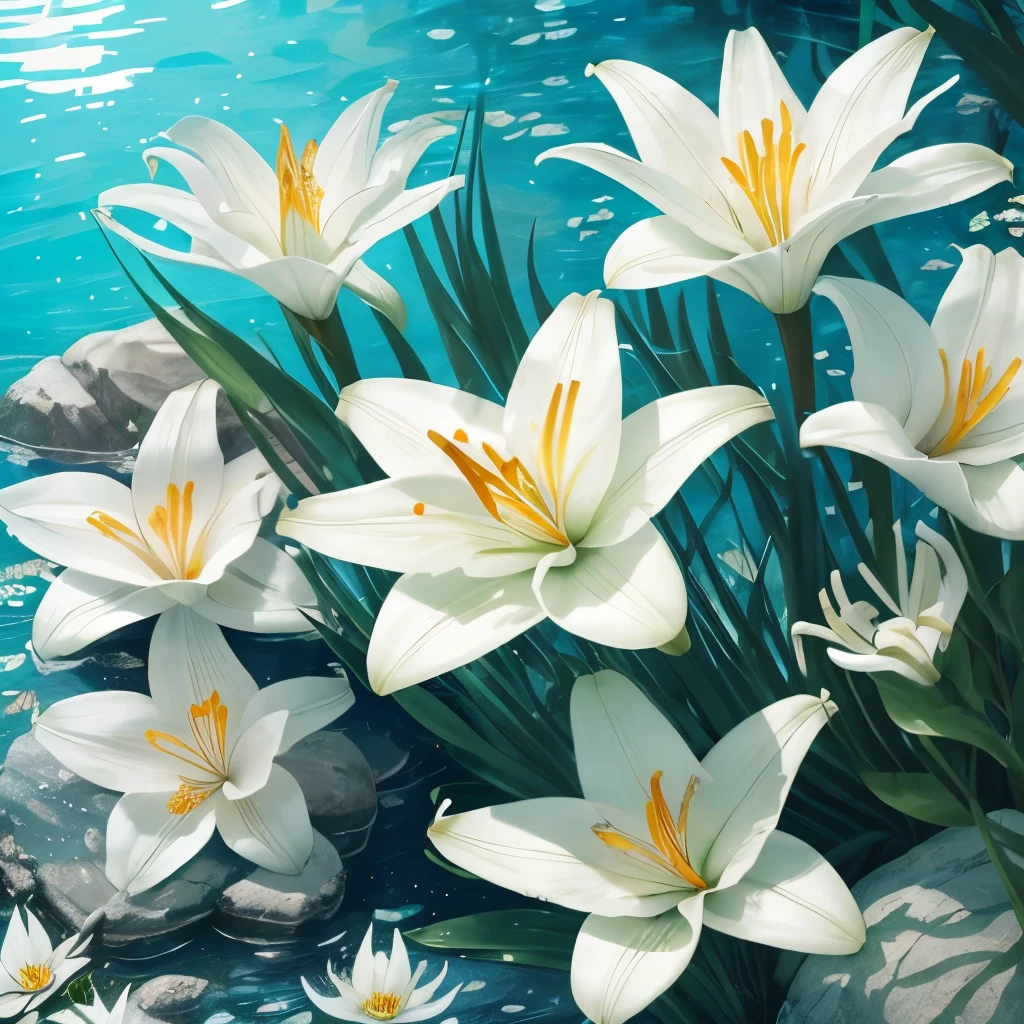 there are some white flowers in the water near some rocks, hymenocallis coronaria, spirited water plants, lily flowers, detailed white, white flowers, white lilies, flowers with very long petals, lillies, white flower, glowing veins of white, garis edelweiss, myth of narcissus, lily flower, aquatic plants, reflecting flower, david hardy