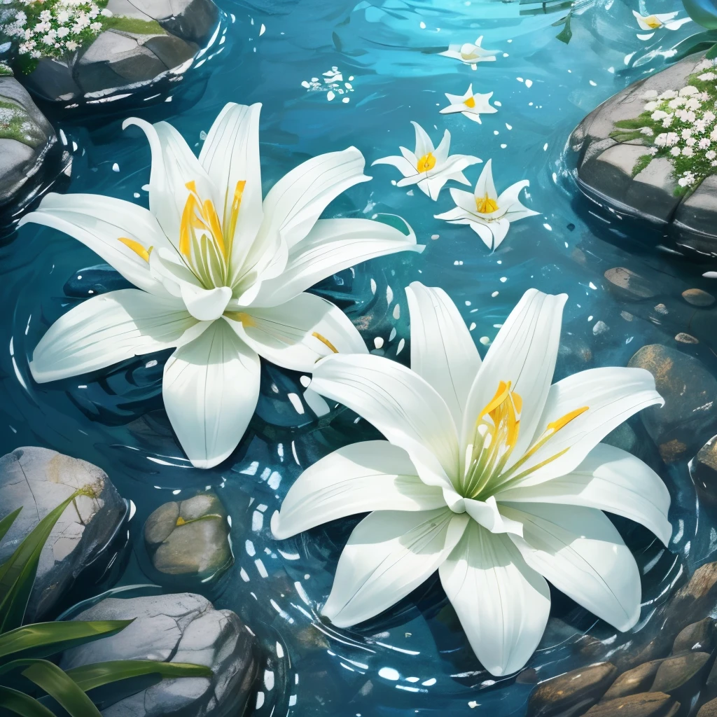 there are some white flowers in the water near some rocks, hymenocallis coronaria, spirited water plants, lily flowers, detailed white, white flowers, white lilies, flowers with very long petals, lillies, white flower, glowing veins of white, garis edelweiss, myth of narcissus, lily flower, aquatic plants, reflecting flower, david hardy