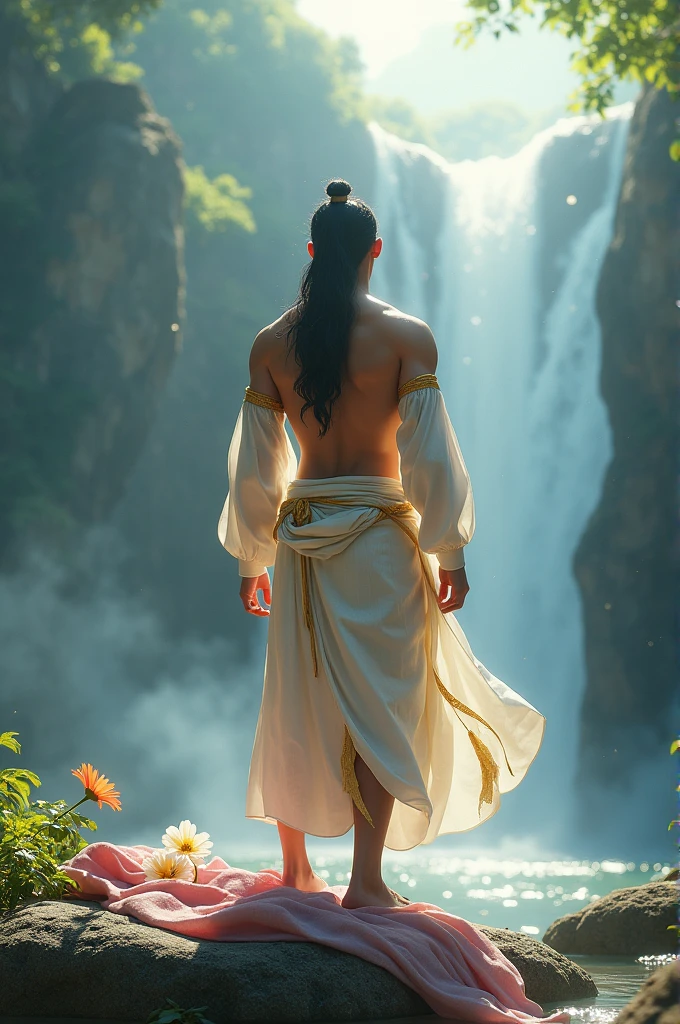 full lenght hiper 4k Imagine it's a movie poster. In the Night Wind, full length standing, a handsome young man, 25 years old, long black hair tied halfway down, wearing a white and gold loincloth, he bends down to pick up a jasmine flower that is placed on a rock, of the waterfall and the mountain, the light is glittering, 3D image, oil painting, sharp image, art image of Ajarn Chalermchai