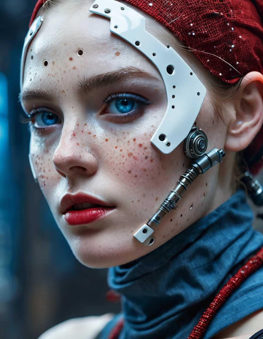 HYPER CLOSE-UP portrait of a stunning cyborg-girl with a fresh porcelain white face dotted with freckles, a round high-tech implant display on her cheekbone, tattered and stained red fabric covering her head and neck, a large blue eye seen from the side of her face trying to see behind her, bluish lighting ambience showing through the fog a post-apocalyptic construction of a high-tech steampunk slum, very high resolution, ultra detailed, vray tracing, unreal engine, sharp focus, hdr, 32k