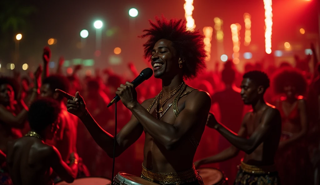 I want it to represent people of black ethnicity celebrating to the sound of drums with a man and his band presenting a musical show, the event is at night and is full of people dancing, all of black ethnicity, predominantly Brazilian with African features