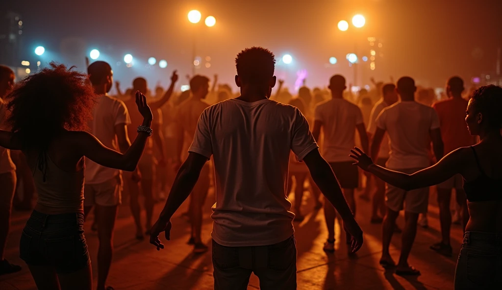 I want it to represent people of black ethnicity celebrating to the sound of drums with a man and his band presenting a musical show, the event is at night and is full of people dancing, all of black ethnicity, predominantly Brazilian with African features
