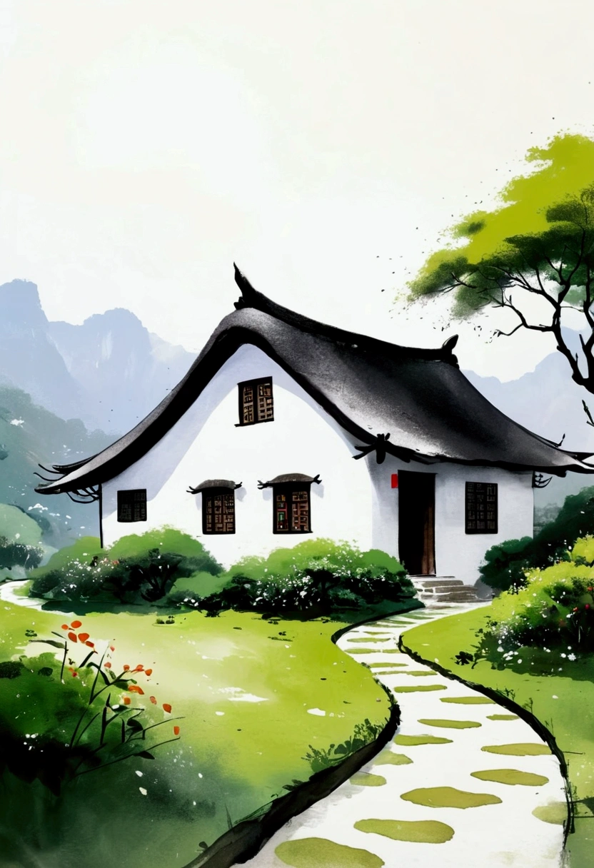 Sky占比2/3.Chinese Ink Painting Sketch:Peaceful and Freehand,artistic conception:2.Dot,A thatched cottage on a winding path,Minimalism,White background。(((Negative Space:2,Large area of blank:2, Bottom left corner composition)))。niji6 style