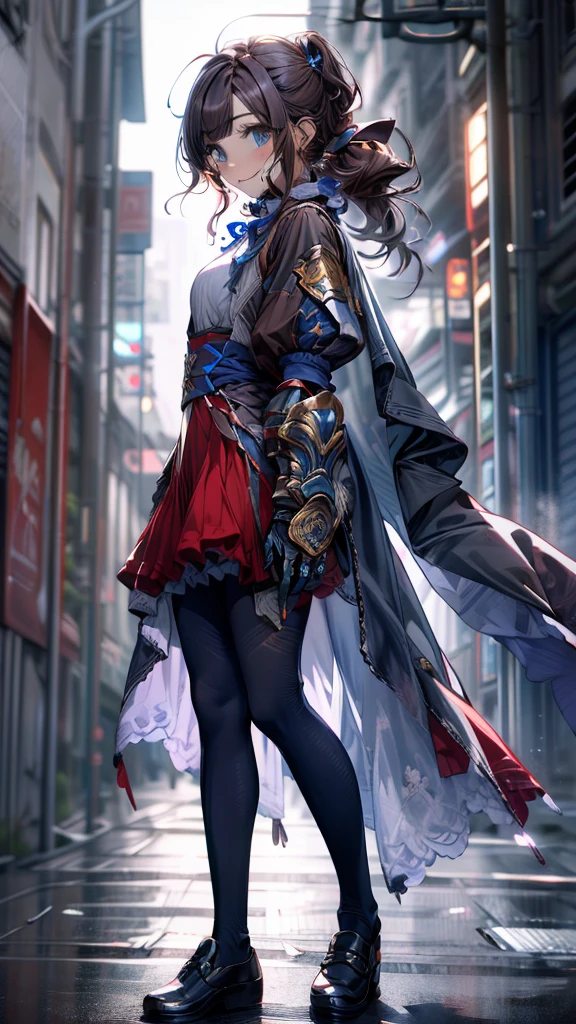 (full body),masterpiece, Highest quality, High resolution, Da Vinci, ponytail, Hair Ribbon, Parted bangs, Small breasts, Blue Ribbon, Single gauntlet, Cape, Red Skirt, Puff short sleeves, Blue gloves, Blue Pantyhose, Cowboy Shot, Are standing, Outdoor, smile,