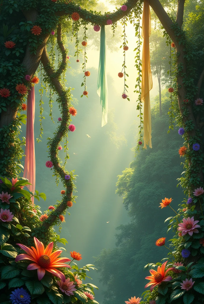 Jungle with lianas decorated with flowers and fabrics