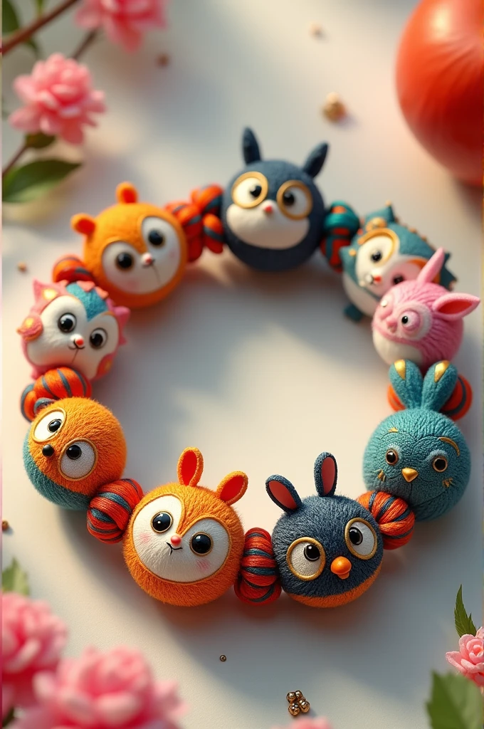 Chinese thread bracelet with images of animated animal faces and metal