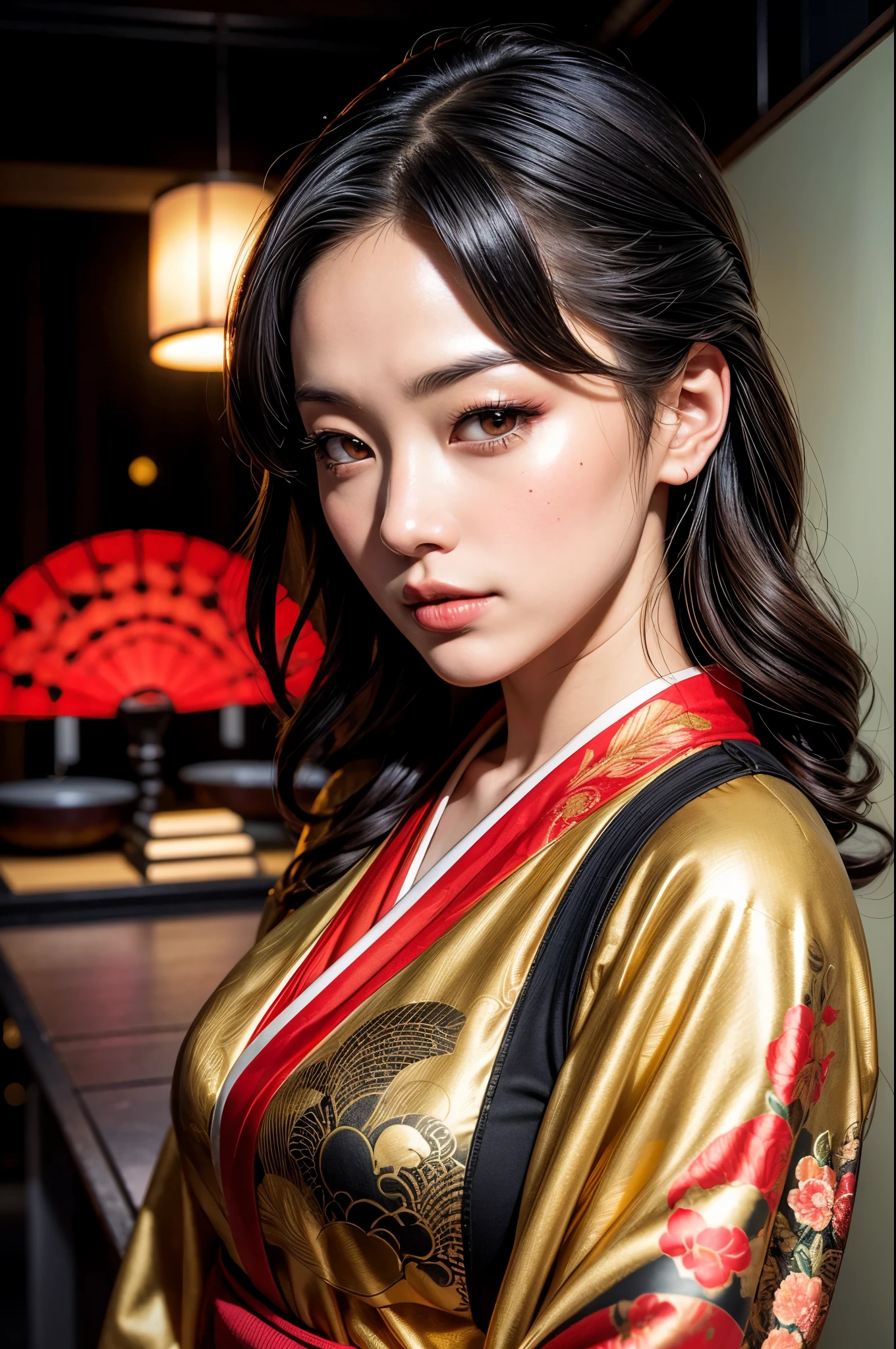 black widow in a golden red kimono dress with a gold halo, japanese goddess, chie yoshii, elegant japanese woman, portrait of a beautiful geisha, intricate geisha kimono, japanese art style
