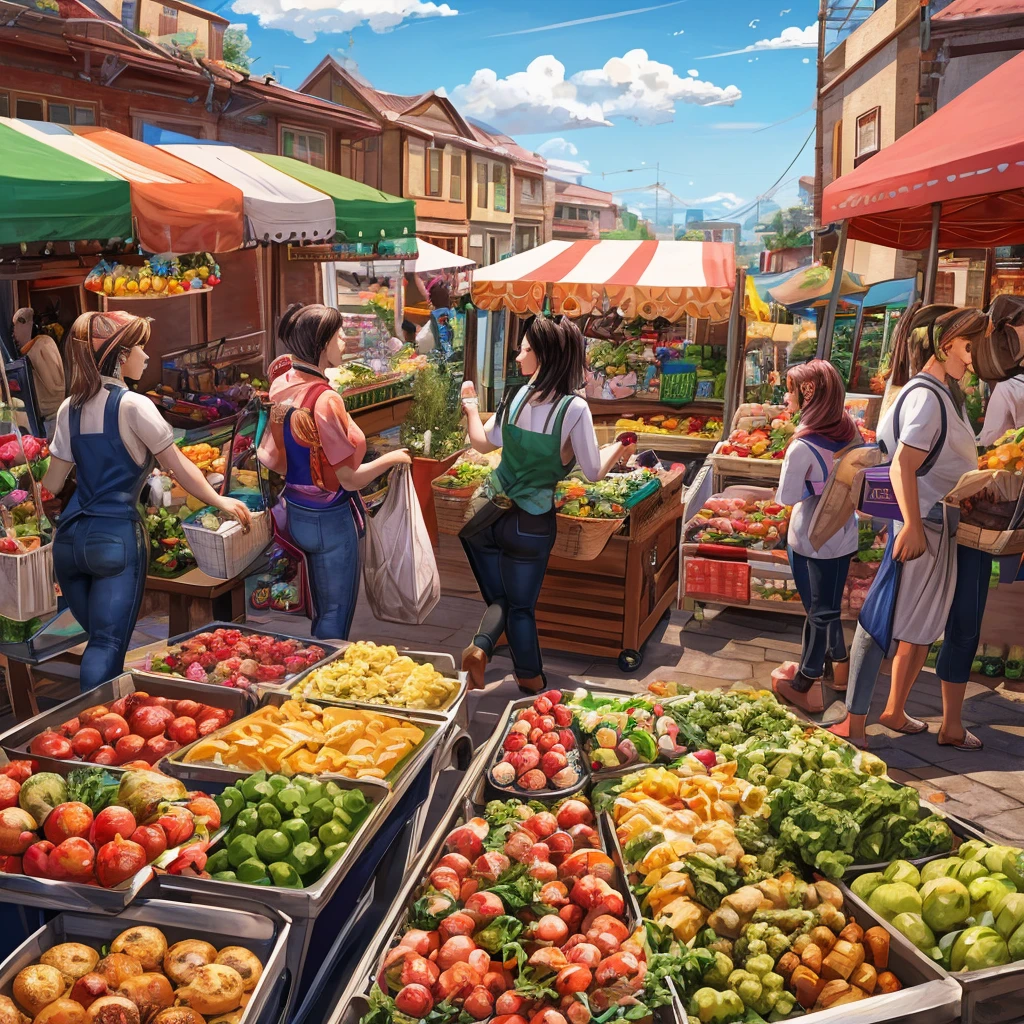At a bustling farmer's market, a group of girls reimagines the everyday task of grocery shopping into an interactive, sensory experience. One girl, a skilled chef, picks fresh ingredients and shares her favorite recipes with onlookers, offering tips on how to turn simple vegetables into gourmet dishes. Another girl, with an eye for design, arranges the produce into vibrant, color-coordinated displays that resemble works of art, encouraging shoppers to see the beauty in everyday food. Nearby, a third girl, passionate about sustainability, educates the crowd on eco-friendly shopping habits, from choosing organic products to reducing plastic waste. Together, they transform a routine chore into a fun, educational event that leaves everyone feeling inspired to eat well and live sustainably.