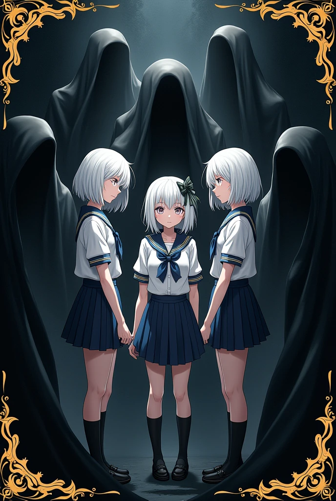 Make me a cover around it with a gold design, black background, "with several black humanoid shadows around", three girls in the middle, teenagers in school uniform, all three with white hair, different hairstyles, A girl with a bow , mysterious atmosphere