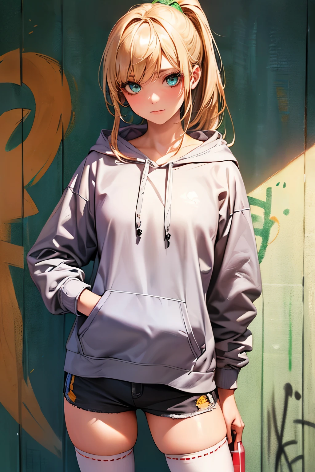 ((perfect anatomy:1.5,realistic,:1.3,RAW Photography:1.3,masterpiece、highest quality、Ultra - High resolution、High resolution、Highly detailed CG、8K)),cowboy shot,1 female,solo,20 year old beauty,(beautiful detailed face and eyes,big and gorgeous eyes),dark blue eyes,(blonde hair,ponytail hair,long hair,bangs),(medium breasts,slender body,small head,skinny, gleaming skin,oily skin,shiny skin)、standing position,holding a spray can in hand、((light green hooded sweatshirt,Oversized hooded sweatshirt,white_thighhighs,micro mini shorts)),bustling street、Graffiti art、Tokyo、