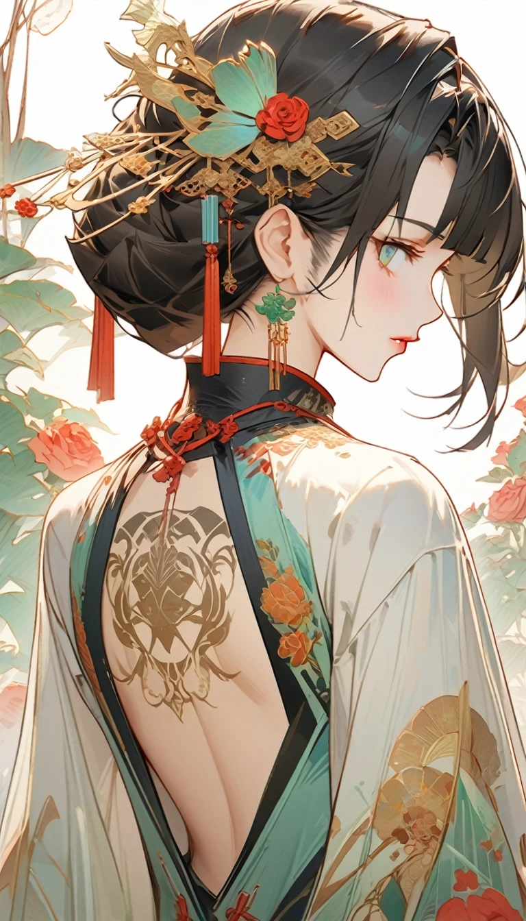 There a woman's back in ancient China, back of head,own,Bare back tattoo,Pink and white clothes close-up,beautidful eyes,Detailed face,flashy clothes,like a dream, Red and blue-green flowers, Ukiyo-style, Works of art in the style of Guwitz, Guviz, Alphonse Mucha and Rose Drews, A beautiful artistic illustration, author:Li Song, author:heroes, author:Zou Zhe, by Zeng Jing, by Ye Xin, author:Shitao, author:Zhou Fang, korean art nouveau anime