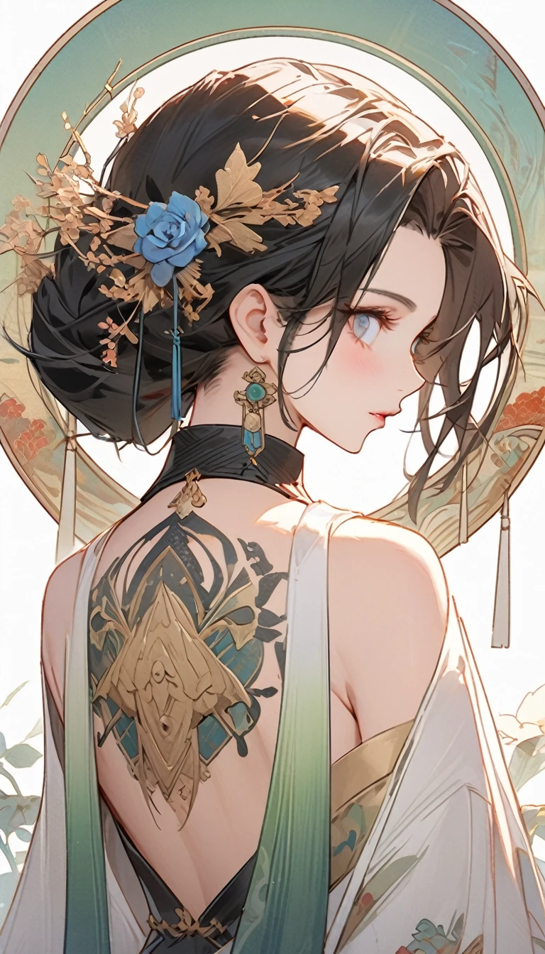 There  a woman's back in ancient China, back of head，own，Bare back tattoo，Pink and white clothes close-up，beautidful eyes，Detailed face，flashy clothes，like a dream, Red and blue-green flowers, Ukiyo-style, Works of art in the style of Guwitz, Guviz, Alphonse Mucha and Rose Drews, A beautiful artistic illustration, author：Li Song, author：heroes, author：Zou Zhe, by Zeng Jing, by Ye Xin, author：Shitao, author：Zhou Fang, korean art nouveau anime