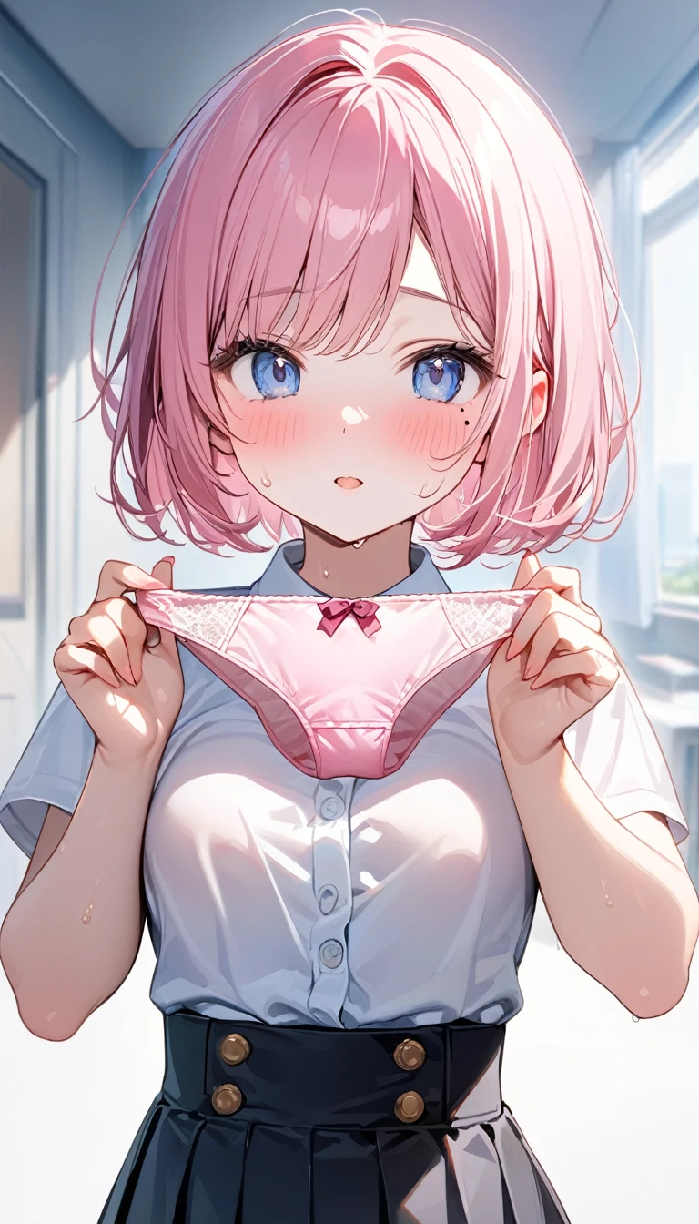 (1 girl),(Best Picture Quality, 8K, Masterpiece:1.3), (high school student:1.5), (pink lob hair), (bob cut), (slant skyblue eyes), ((school uniform, white short simple sleeve shirt, darkblue skirt, pink simple tie)), (super clear:1.5), (glistening skin:1.1),(pale skin:1.1), (standard weight), (medium breasts), (pink lace bra),(pink lace panties), (clothes lift, show off bra ,show off panties).