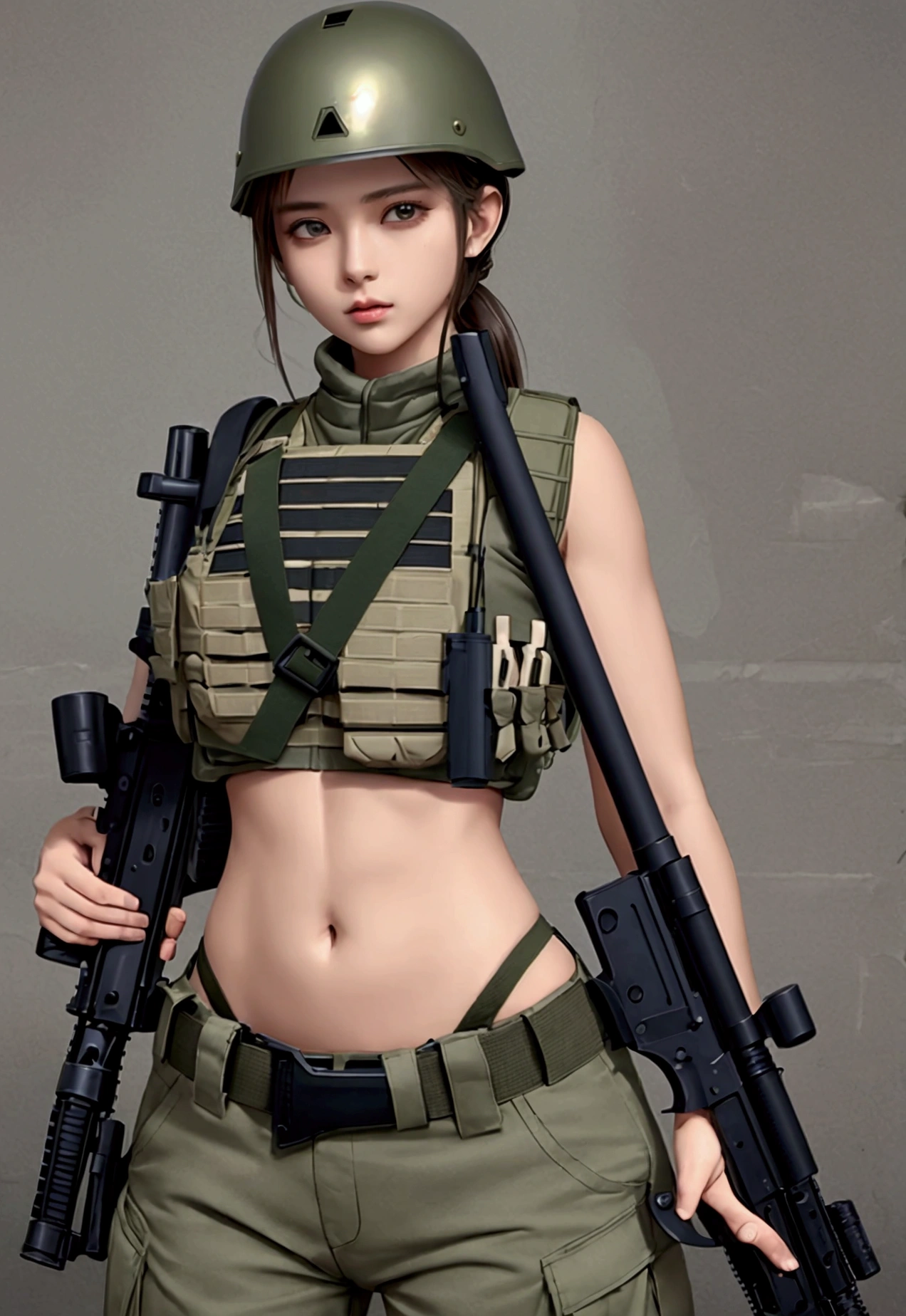 Women in crop top military bulletproof vest , military green cargo pants, belt, military helmet, tactical, (open navel), ((holding assault rifle))