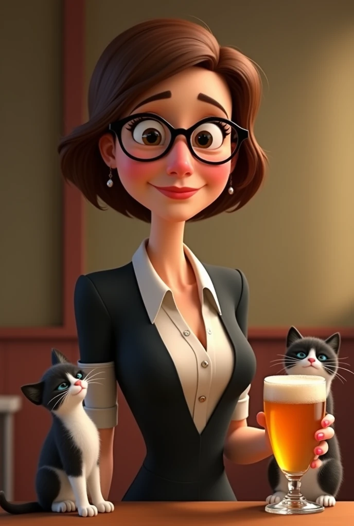 disney pixar cartoon a 60 year old woman with short brown hair wearing a formal dress, glasses and black eyes with beer glass on the right and two black and white kittens on the left hand