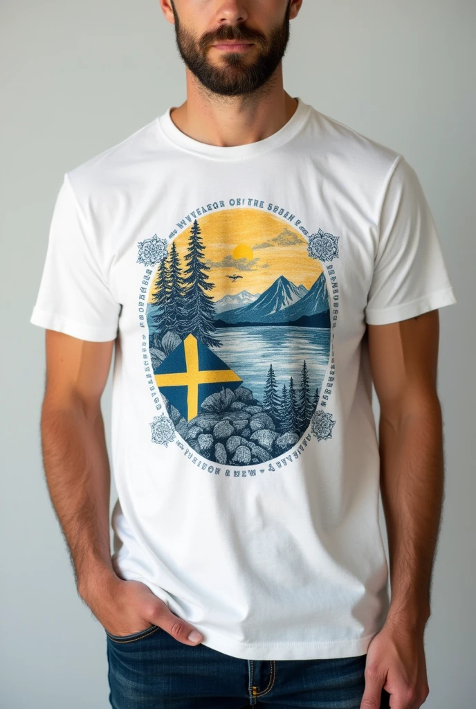 make a white sweden interclass shirt with nordic theme and blue and yellow details