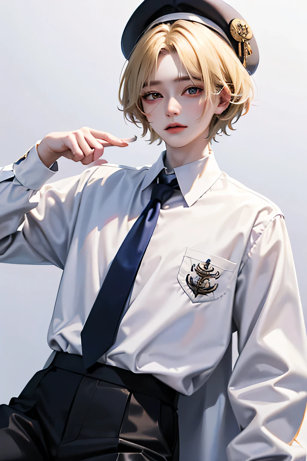 blond hair, White skin, Uniform, 18 years old, super detail, masterpiece, 8k, 1 boy, korean, amazing, Idol appearance, high quality, Refreshing, High Quality, Idol Hair, white shirt, Long tie, black pants, Beautiful androgynous man, boy, A delicate androgynous man, sailor uniform, blue