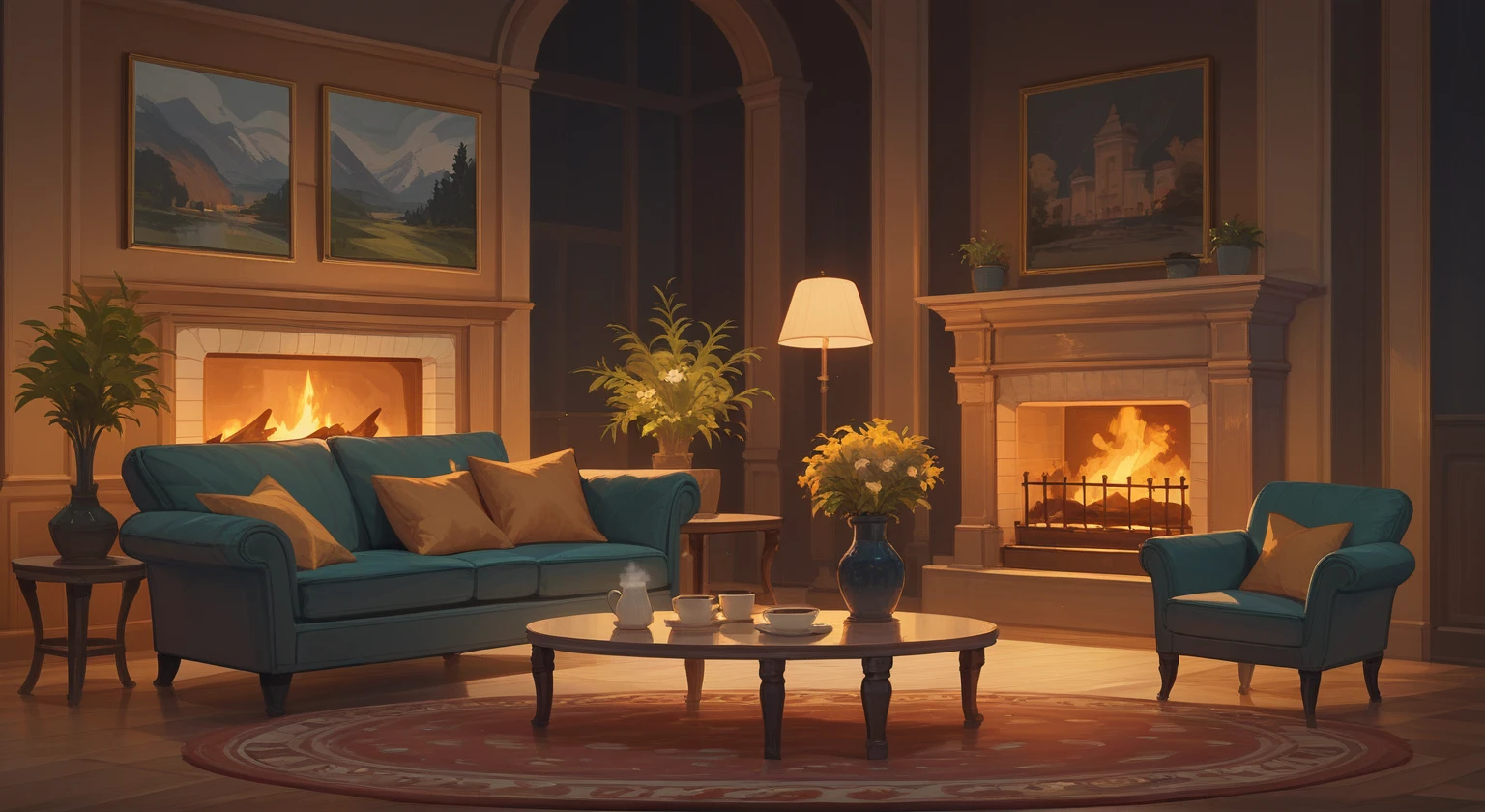 indoor，European Classical Style，mural，fireplace，Movie lighting，Warm atmosphere，vase，sofa，coffee table，carpet，Scenery，Concept map，High Detail，Highest quality