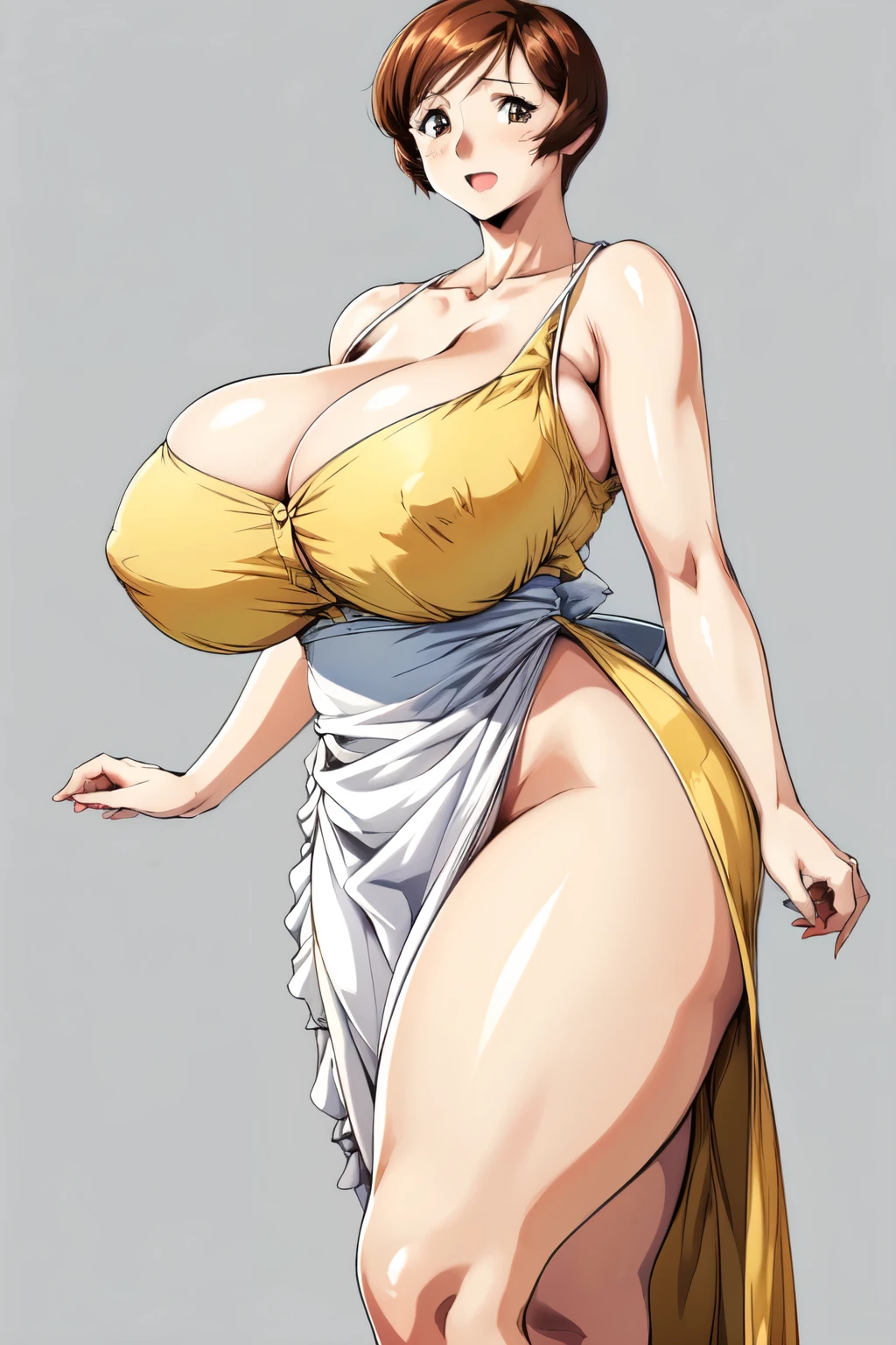 masterpiece, Highest quality, High resolution, One girl, alone, sexual intercourse, Pornographic images, short hair, etsukoto, Brown eyes, fine grain, fine grain, (white skin color), (((Thick thighs, Plump thighs, Voluptuous thighs, Thighs alone are enough))), ((Huge and enough breasts, Cleavage, Big long breasts)), Naughty big,((Big breasts are important))、((Naughty thighs)), L Cup, (thin:1.4),(Tight waist:1.4), (Yellow Dress:1.4), ((white waist apron)), White panties, (((Simple Background))), smile, Open your mouth, ((Wide Hips)), (Shiny skin, Oily skin), Mature mother, Calf, Seductive mature woman, Mature Woman, Perfect body, Plus Size Model, Curvy, enough, etsukoto, blush, clavicle, retro artstyle, 1990s (style), (Thick thighs:1.4), (from side:0.9), [[standing]], (spread legs), bare legs,