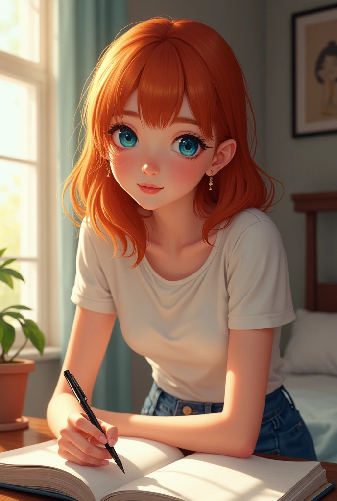 A pretty female with ginger hair, bangs, and baby blue eyes, wearing blue jeans, and a white t-shirt. She is studying.