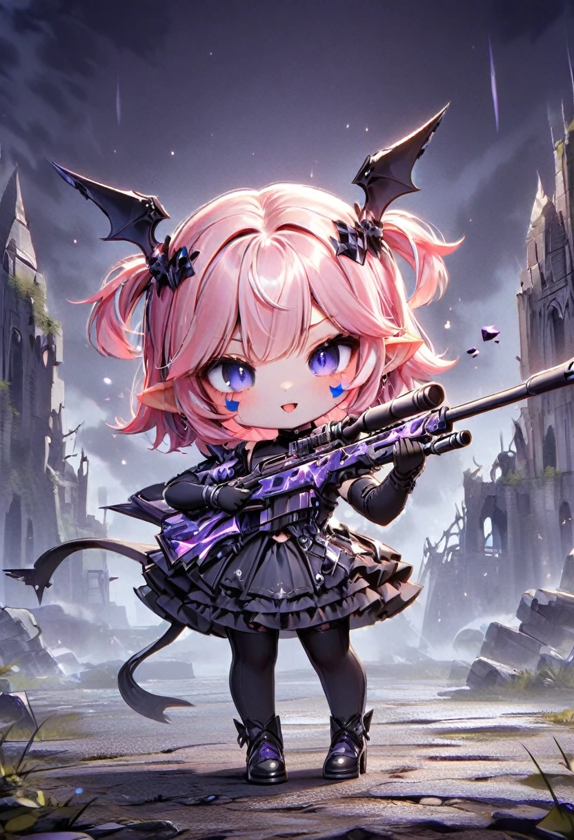 master piece, best quality, ultra-detailed, illustration, midnight, gloomy atmosphere, broken church, alter isle, broken walls, ruins, purple flames, 1girl, solo, chibi, (big head), cute pose, front view, looking at viewer, ((full body Close up)), chubby, fat, 1girl, solo, camilavtuber, ((pink hair)), (twin-tail hair), short hair, shoulder length hair, (black head wings:1.2), purple eyes, (facial mark), open mouth, smiling, slim arms, black laced arm sleeves, (black gloves), (holding sniper),small chest, (single back wing:1.4), tail, black wedding gown, slim legs, black laced stockings, black high heels, full body shot, close up, innocent pose, Eye-Level Shot, front view, innocent pose