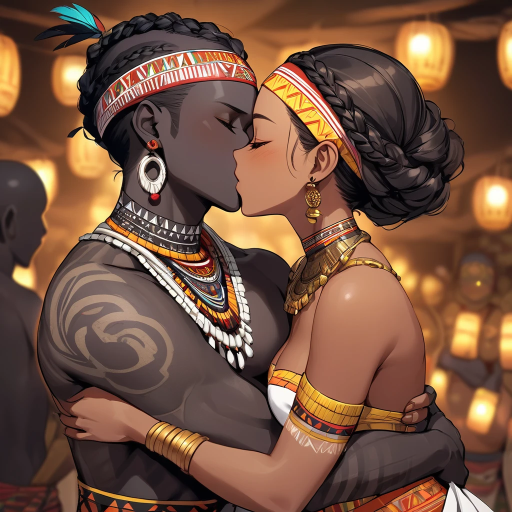 ((Highest quality)), ((masterpiece)), (detailed), (Perfect Face)、The woman is wearing the tribe's bridal attire, embracing the tribal man tightly, sharing a deep kiss, expressing their love for each other, and celebrating their wedding.、The woman has bright black skin、(Ghana braids with strong curly hair slicked back)、Black, dark skinned, African native tribal woman、The amount of hair is small、Black Hair、Very short curly hair、Ghana braid hair, finely and delicately braided into Ghana braids and slicked back、Her hair is braided and thin, and she wears a tribal headdress and a tribal headscarf.、African black woman beautifully dressed in tribal clothing, tribal earrings and tribal accessories, wearing tribal makeup、A beautiful tribal woman with tattoos all over her body、Women in tribal village night rituals、The woman's hair is dyed black by the other women in the village and styled like an African woman's.