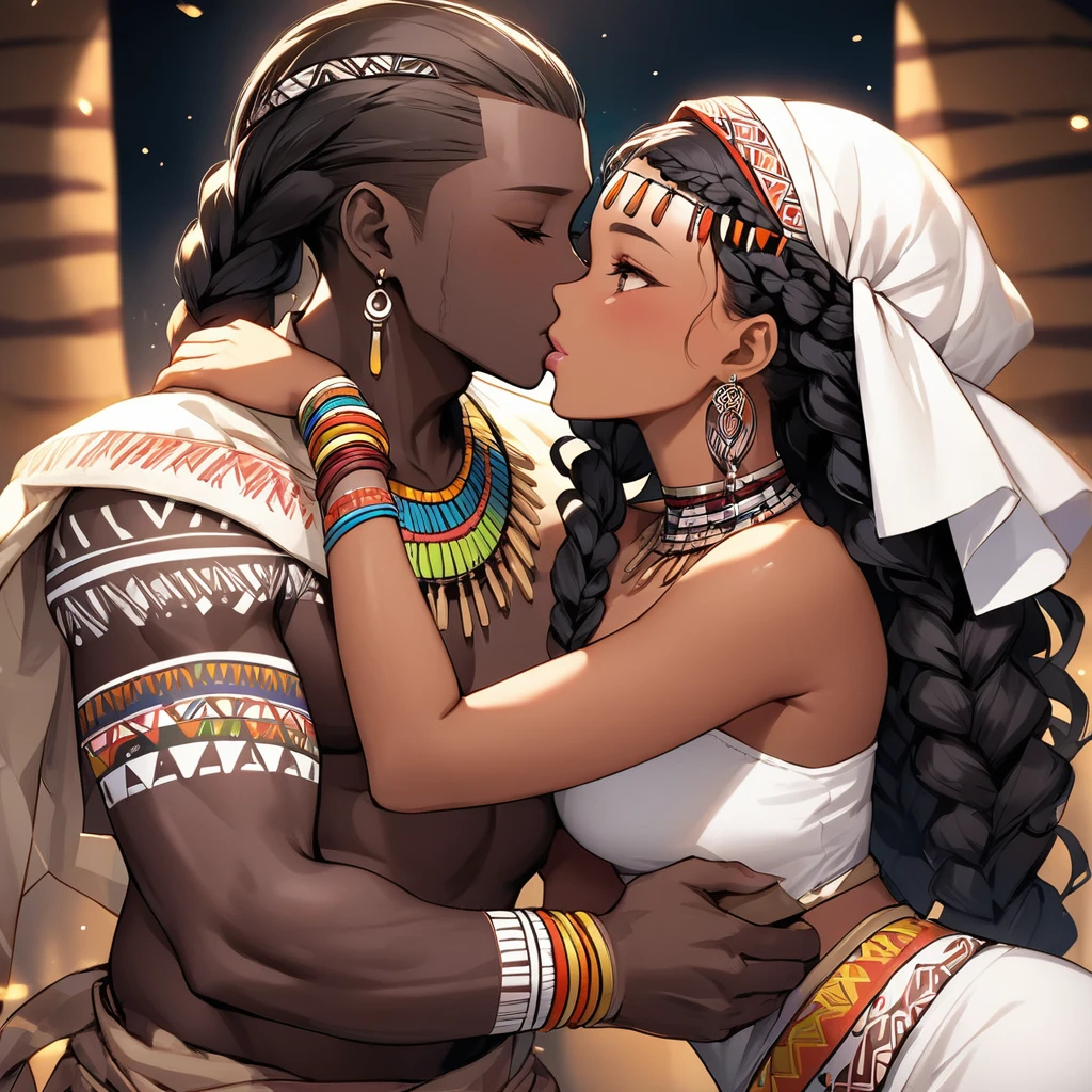 ((Highest quality)), ((masterpiece)), (detailed), (Perfect Face)、The woman is wearing the tribe's bridal attire, embracing the tribal man tightly, sharing a deep kiss, expressing their love for each other, and celebrating their wedding.、The woman has bright black skin、(Ghana braids with strong curly hair slicked back)、Black, dark skinned, African native tribal woman、The amount of hair is small、Black Hair、Very short curly hair、Ghana braid hair, finely and delicately braided into Ghana braids and slicked back、Her hair is braided and thin, and she wears a tribal headdress and a tribal headscarf.、African black woman beautifully dressed in tribal clothing, tribal earrings and tribal accessories, wearing tribal makeup、A beautiful tribal woman with tattoos all over her body、Women in tribal village night rituals、The woman's hair is dyed black by the other women in the village and styled like an African woman's.