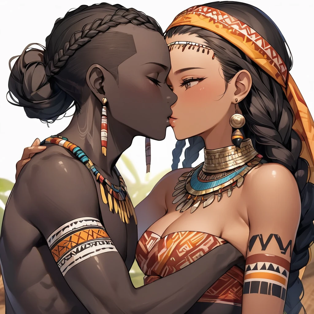 ((Highest quality)), ((masterpiece)), (detailed), （Perfect Face）、The woman is wearing the tribe's bridal attire, embracing the tribal man tightly, sharing a deep kiss, expressing their love for each other, and celebrating their wedding.、The woman has bright black skin、（Ghana braids with strong curly hair slicked back）、Black, dark skinned, African native tribal woman、The amount of hair is small、Black Hair、Very short curly hair、Ghana braid hair, finely and delicately braided into Ghana braids and slicked back、Her hair is braided and thin, and she wears a tribal headdress and a tribal headscarf.、African black woman beautifully dressed in tribal clothing, tribal earrings and tribal accessories, wearing tribal makeup、A beautiful tribal woman with tattoos all over her body、Women in tribal village night rituals、The woman&#39;s hair is dyed black by the other women in the village and styled like an African woman&#39;s.