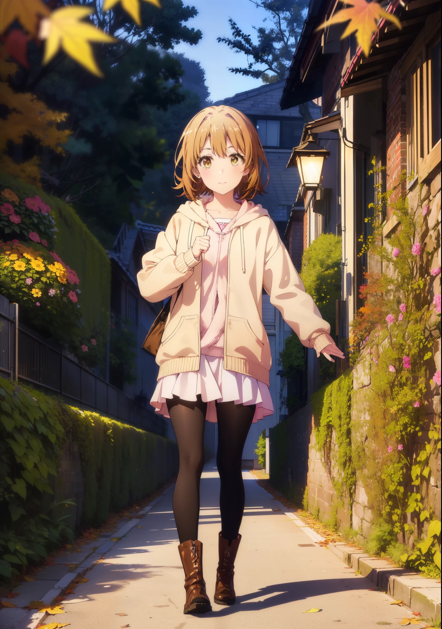 Irohaisshiki, isshiki iroha, short hair, Brown Hair, (Brown eyes:1.5), happy smile, smile, Open your mouth,Pink oversized hoodie,mini skirt,black tights,short boots,Flower Hair Ornaments,autumn leaves,autumn leavesが散っている,Walking,moonlight,night,whole bodyがイラストに入るように、
break outdoors, garden,
break looking at viewer,whole body,
break (masterpiece:1.2), Highest quality, High resolution, unity 8k wallpaper, (figure:0.8), (Beautiful attention to detail:1.6), Highly detailed face, Perfect lighting, Highly detailed CG, (Perfect hands, Perfect Anatomy),