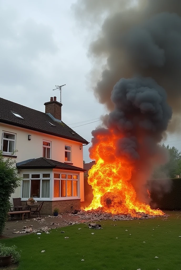 An explosion in the backyard of a house, with thick smoke spreading. The house is classic, with a well-kept garden and outdoor furniture. Debris is scattered and the sky is cloudy, creating a chaotic atmosphere.