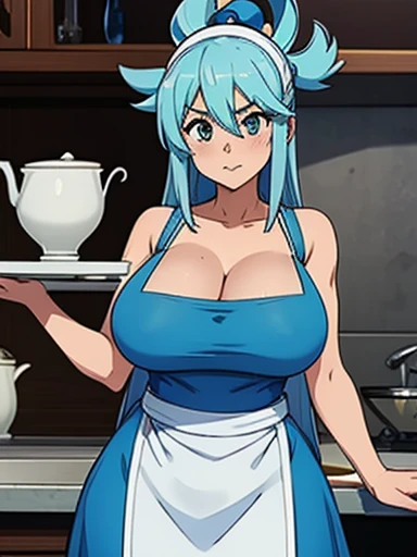 Chic quality, 1 girl, Aqua Konosuba, hair blue, Breasts huge, middle of the thighs, (white apron、naked-apron)
