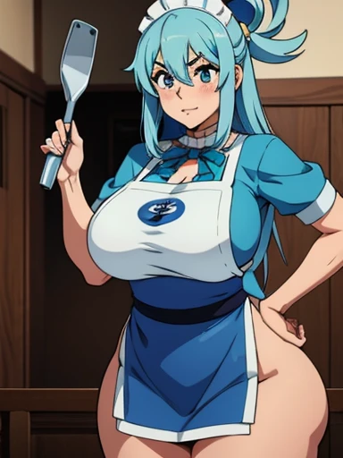 Chic quality, 1 girl, Aqua Konosuba, hair blue, Breasts huge, middle of the thighs, (white apron、naked-apron)