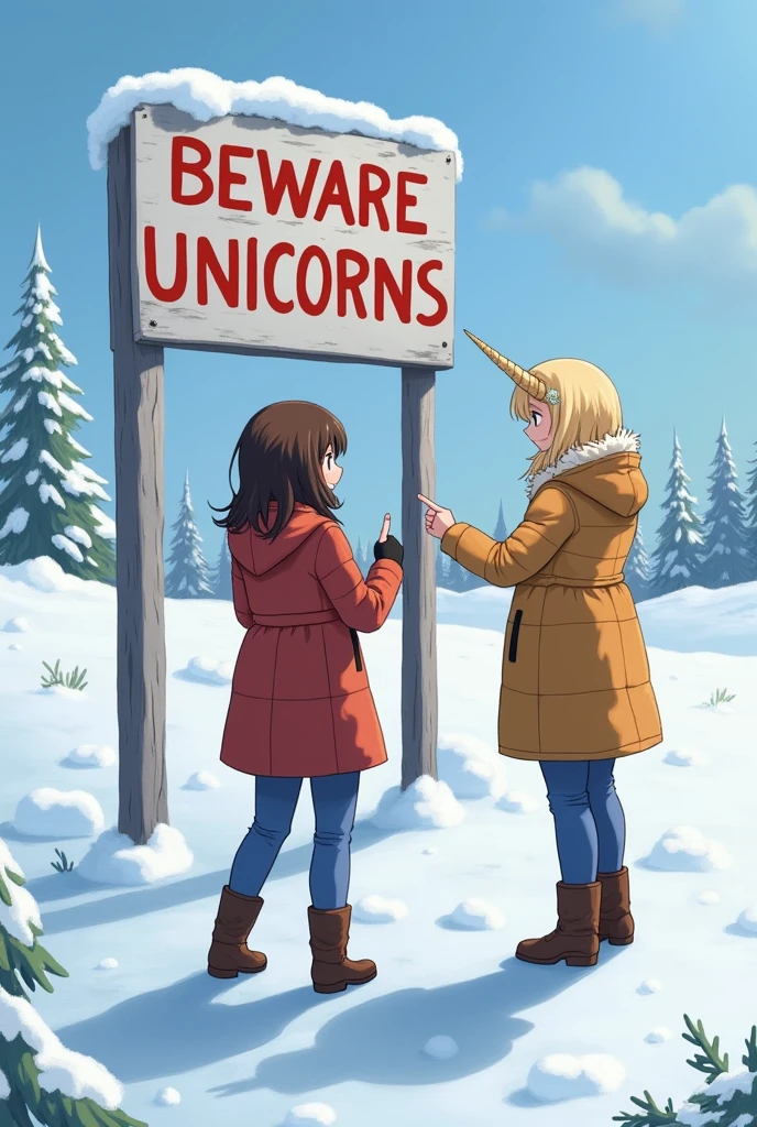 twogirls, A brunette and a blonde pointing to a sign that reads 'Beware Unicorns' in a very cold place.