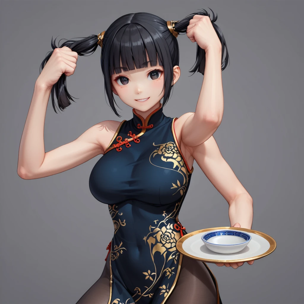 score_9、score_8_up、score_7_up、Masterpiece,best quality,solo, 1 beautiful Japanese girl,,(sparkling black eyes,slant eyes),(pale skin),(black hair,blunt bangs,(short twintails:1.2),(high twintails:1.2),hair length to shoulder,voluminous hair,hair held up with a blue choux:1.5),(big breasts:1.2),(fearless expression, fearless smile, fighting pose:1.2),(fantasy black Chinese dress,black tights,intricate gold breastplate:1.5),(plain background:1.5),