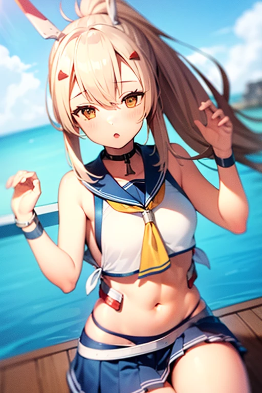 1 girl, hair blonde, ayanami azur lane, Small blue skirt with white line, big ponytail, High above, visible navel, gorgeous pose, Thin abdomen, small lips, full focus, doggy pose