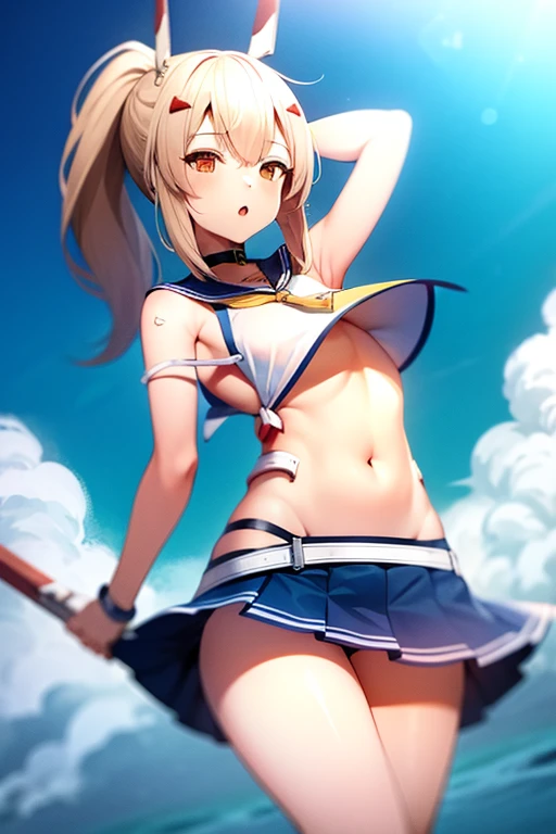 1 girl, hair blonde, ayanami azur lane, Small blue skirt with white line, big ponytail, High above, visible navel, gorgeous pose, Thin abdomen, small lips, full focus, doggy pose