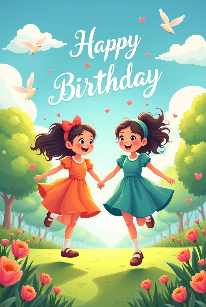 Happy birthday card
 with 2 girl  with frock holding hands  and running  in park with flowers , birds in sky, love shape clouds  happy birthday text in sky