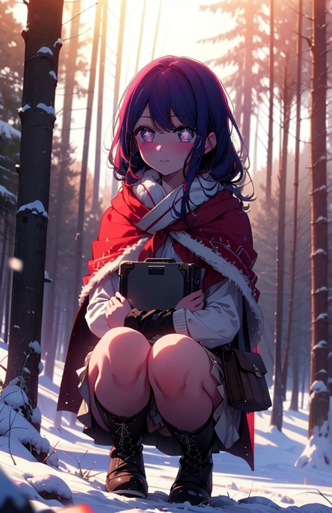 aihoshino, Ai Hoshino, Long Hair, bangs, (Purple eyes:1.1), Purple Hair, (Symbol-shaped pupil:1.5), smile,,smile,blush,white breath,
Open your mouth,snow,Ground bonfire, Outdoor, boots, snowing, From the side, wood, suitcase, Cape, Blurred, , forest, White handbag, nature,  Squat, Mouth closed, Cape, winter, Written boundary depth, Black shoes, red Cape break looking at viewer, Upper Body, whole body, break Outdoor, forest, nature, break (masterpiece:1.2), Highest quality, High resolution, unity 8k wallpaper, (shape:0.8), (Beautiful and beautiful eyes:1.6), Highly detailed face, Perfect lighting, Highly detailed CG, (Perfect hands, Perfect Anatomy),