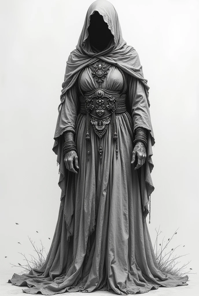 Draw a woman who has been subjected to violence and discrimination, dressed as Death.