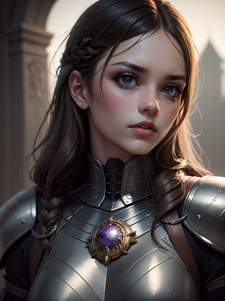 a beautiful woman in a full black armor outfit, detailed facial features, beautiful detailed eyes, beautiful detailed lips, extremely detailed face, long eyelashes, warrior,heroic pose, dramatic lighting, cinematic angle, hyper realistic, 8k, highly detailed, masterpiece, photorealistic, dramatic colors, moody lighting