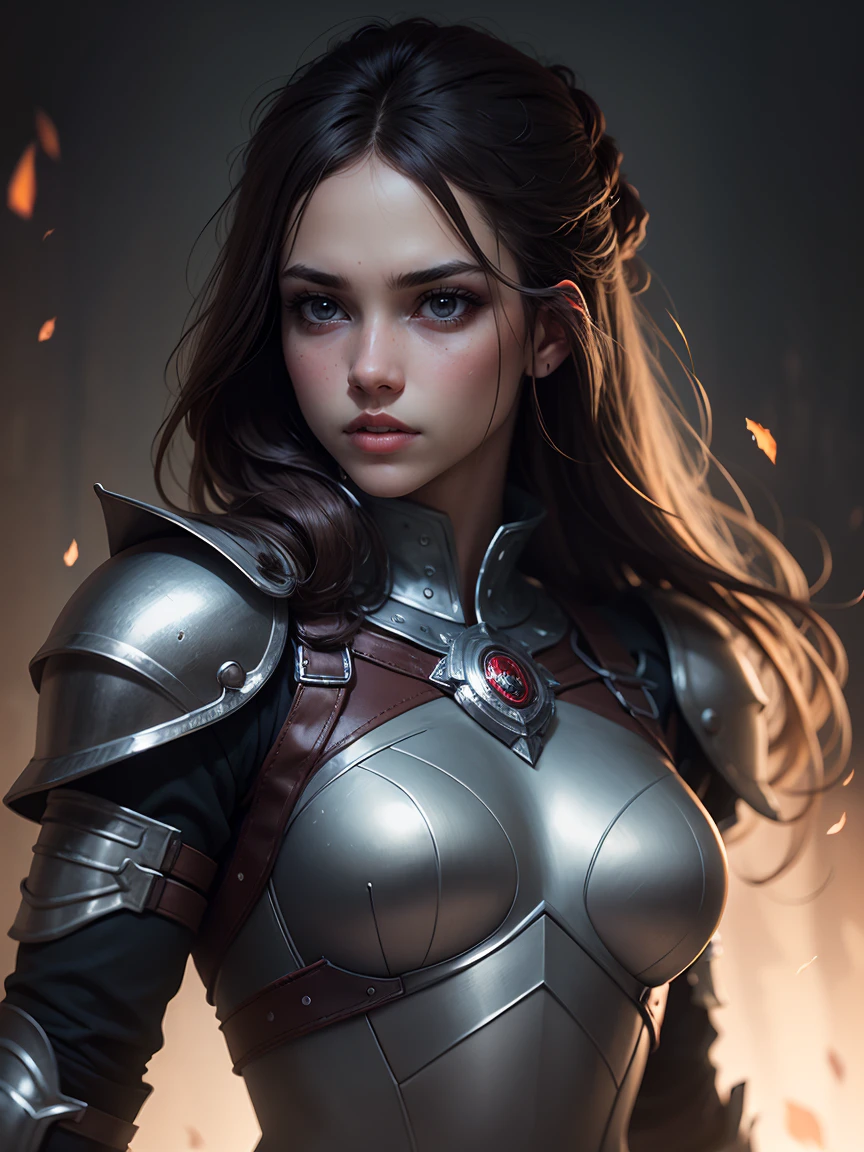 a beautiful woman in a full black armor outfit, detailed facial features, beautiful detailed eyes, beautiful detailed lips, extremely detailed face, long eyelashes, warrior,heroic pose, dramatic lighting, cinematic angle, hyper realistic, 8k, highly detailed, masterpiece, photorealistic, dramatic colors, moody lighting