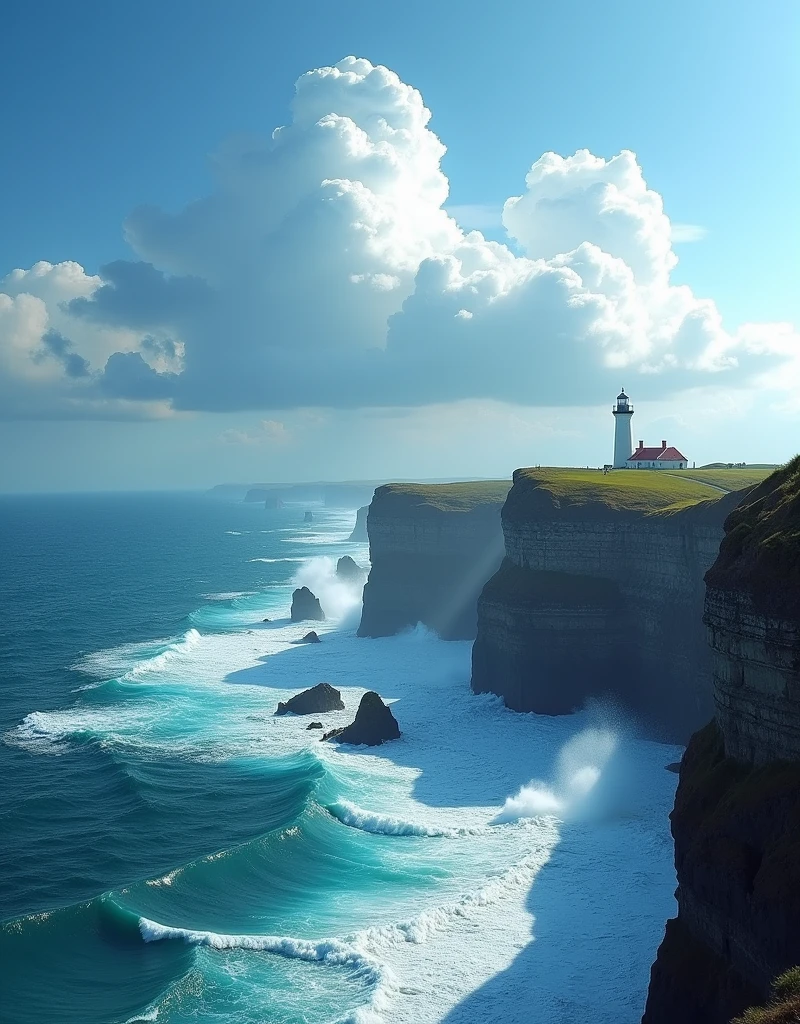 masterpiece,high quality,best composition,sea lapping cliff,lighthouse standing on the cliff,big waves lapping on the cliff,blue sky,big white clouds,bird view,dynamic composition,
